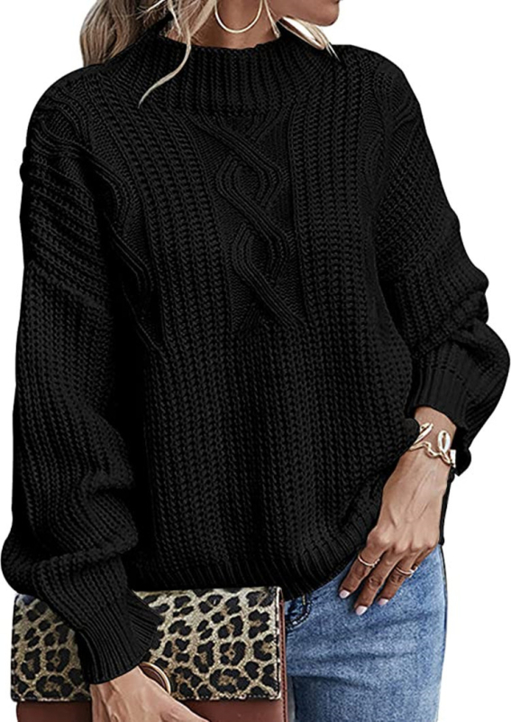 Ženský voľný strih pletený sveter s okrúhlym výstrihom, dlhé rukávy, geometrický vzor, 70–80% akryl, 20–30% polyester, stredná hrúbka