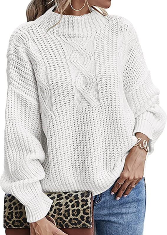 Ženský voľný strih pletený sveter s okrúhlym výstrihom, dlhé rukávy, geometrický vzor, 70–80% akryl, 20–30% polyester, stredná hrúbka