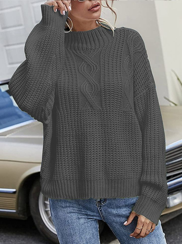 Ženský voľný strih pletený sveter s okrúhlym výstrihom, dlhé rukávy, geometrický vzor, 70–80% akryl, 20–30% polyester, stredná hrúbka
