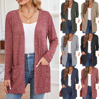 Slobodan kardigan s V izrezom, prugasto/plaid uzorak, srednja duljina, dugi rukavi, jednostruko kopčanje, pamuk-poliester smjesa