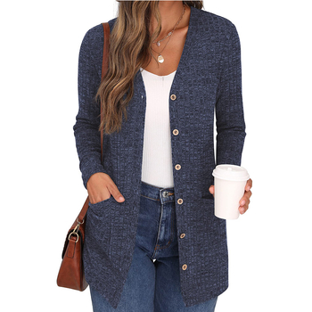 Slobodan kardigan s V izrezom, prugasto/plaid uzorak, srednja duljina, dugi rukavi, jednostruko kopčanje, pamuk-poliester smjesa