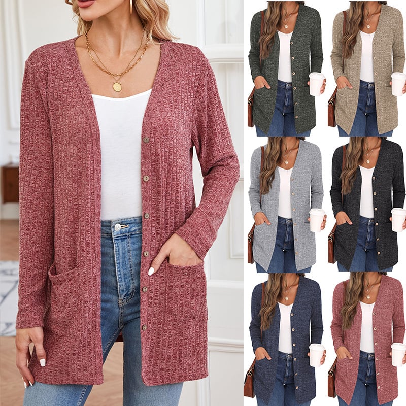 Slobodan kardigan s V izrezom, prugasto/plaid uzorak, srednja duljina, dugi rukavi, jednostruko kopčanje, pamuk-poliester smjesa