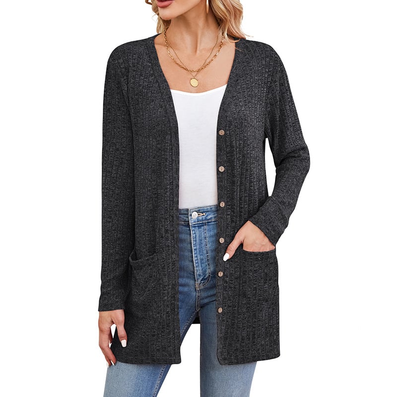 Slobodan kardigan s V izrezom, prugasto/plaid uzorak, srednja duljina, dugi rukavi, jednostruko kopčanje, pamuk-poliester smjesa