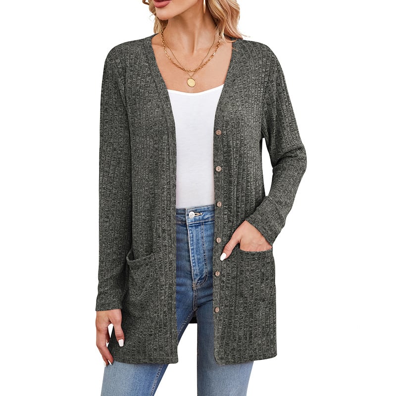 Slobodan kardigan s V izrezom, prugasto/plaid uzorak, srednja duljina, dugi rukavi, jednostruko kopčanje, pamuk-poliester smjesa