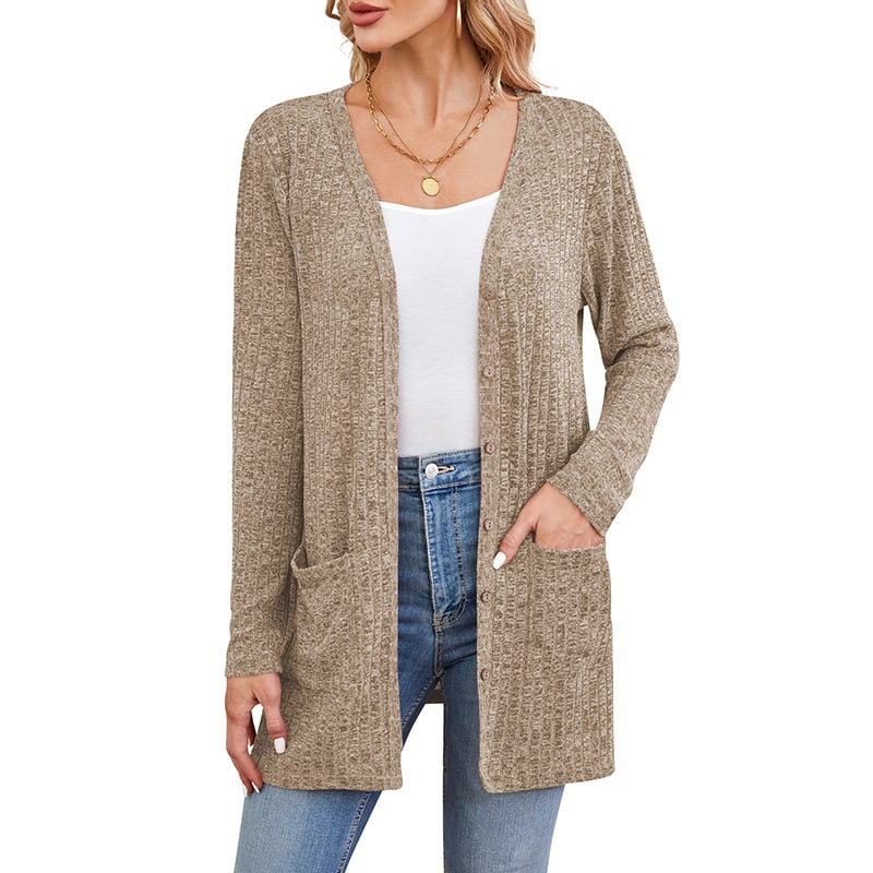 Slobodan kardigan s V izrezom, prugasto/plaid uzorak, srednja duljina, dugi rukavi, jednostruko kopčanje, pamuk-poliester smjesa