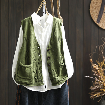 Памучна плетена жилетка-кардиган с V-образно деколте, без ръкави, с двойни джобове, свободна кройка