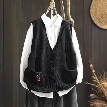 Памучна плетена жилетка-кардиган с V-образно деколте, без ръкави, с двойни джобове, свободна кройка