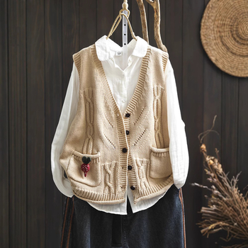 Памучна плетена жилетка-кардиган с V-образно деколте, без ръкави, с двойни джобове, свободна кройка