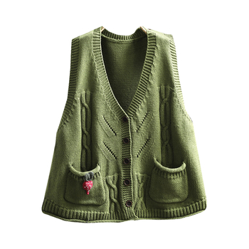 Памучна плетена жилетка-кардиган с V-образно деколте, без ръкави, с двойни джобове, свободна кройка