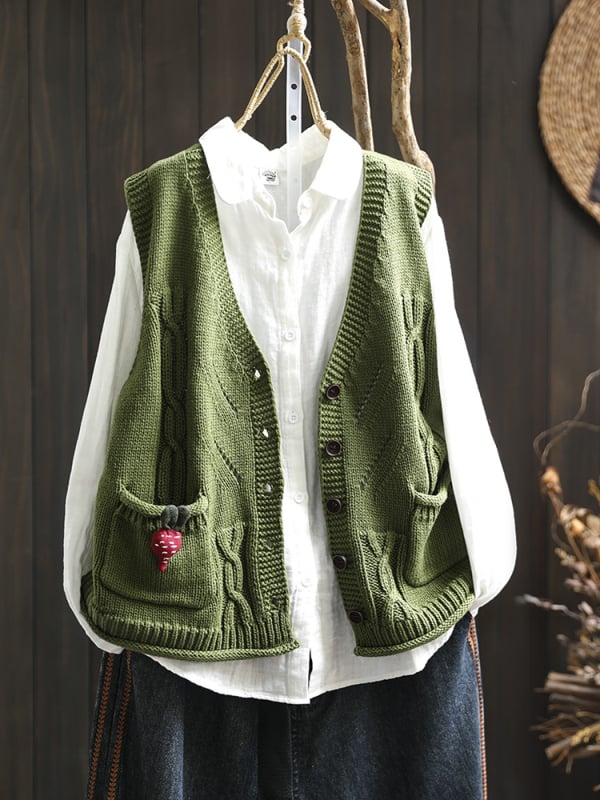 Памучна плетена жилетка-кардиган с V-образно деколте, без ръкави, с двойни джобове, свободна кройка