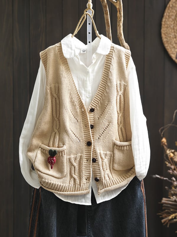 Памучна плетена жилетка-кардиган с V-образно деколте, без ръкави, с двойни джобове, свободна кройка
