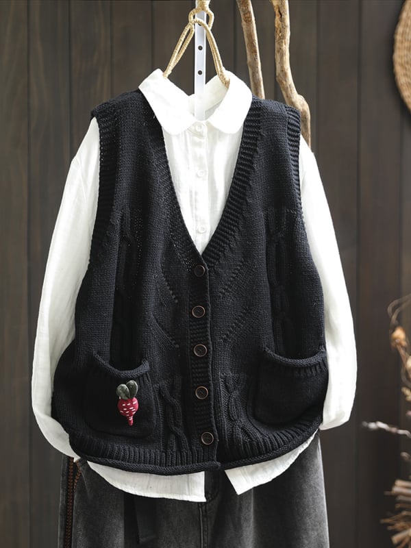 Памучна плетена жилетка-кардиган с V-образно деколте, без ръкави, с двойни джобове, свободна кройка