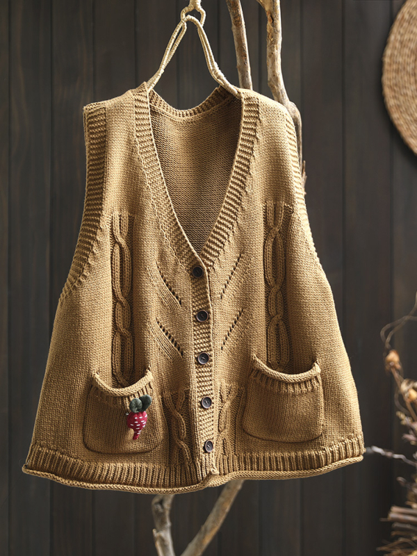 Памучна плетена жилетка-кардиган с V-образно деколте, без ръкави, с двойни джобове, свободна кройка