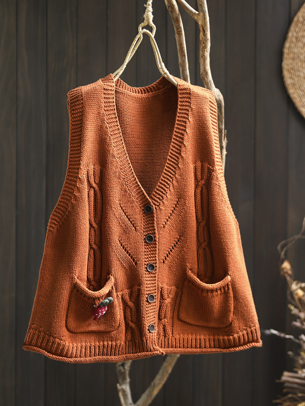 Памучна плетена жилетка-кардиган с V-образно деколте, без ръкави, с двойни джобове, свободна кройка