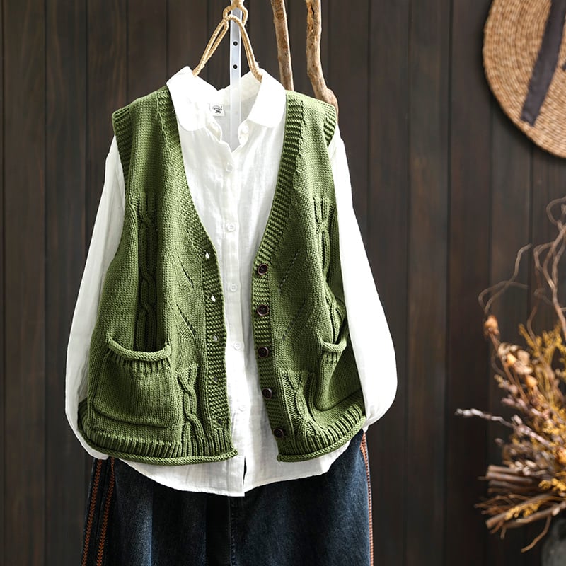 Памучна плетена жилетка-кардиган с V-образно деколте, без ръкави, с двойни джобове, свободна кройка