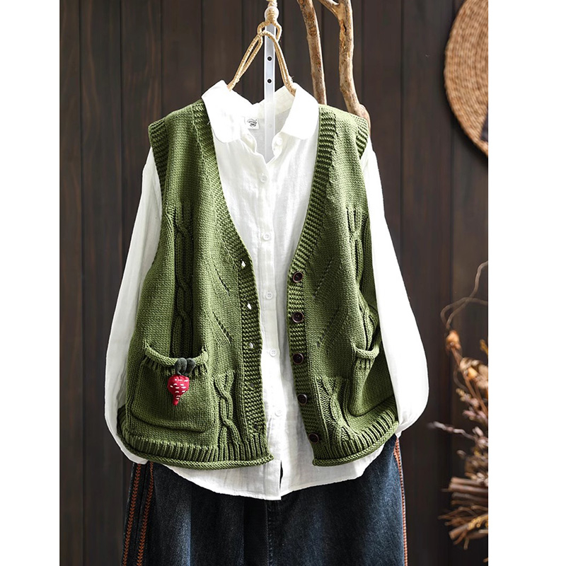 Памучна плетена жилетка-кардиган с V-образно деколте, без ръкави, с двойни джобове, свободна кройка