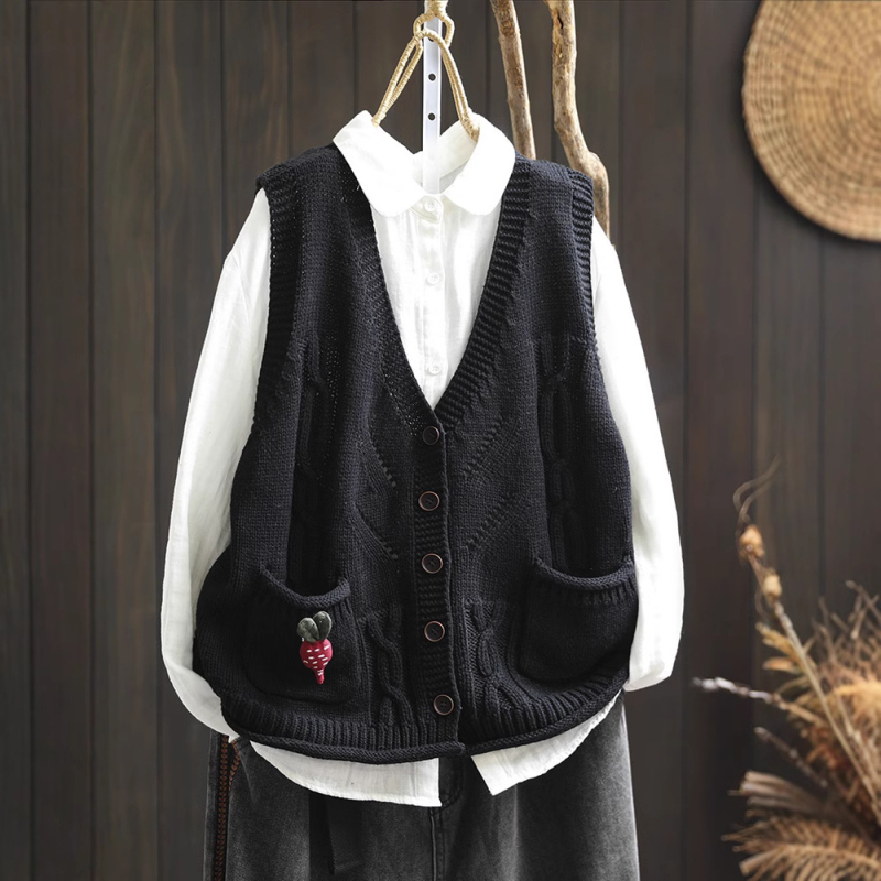 Памучна плетена жилетка-кардиган с V-образно деколте, без ръкави, с двойни джобове, свободна кройка