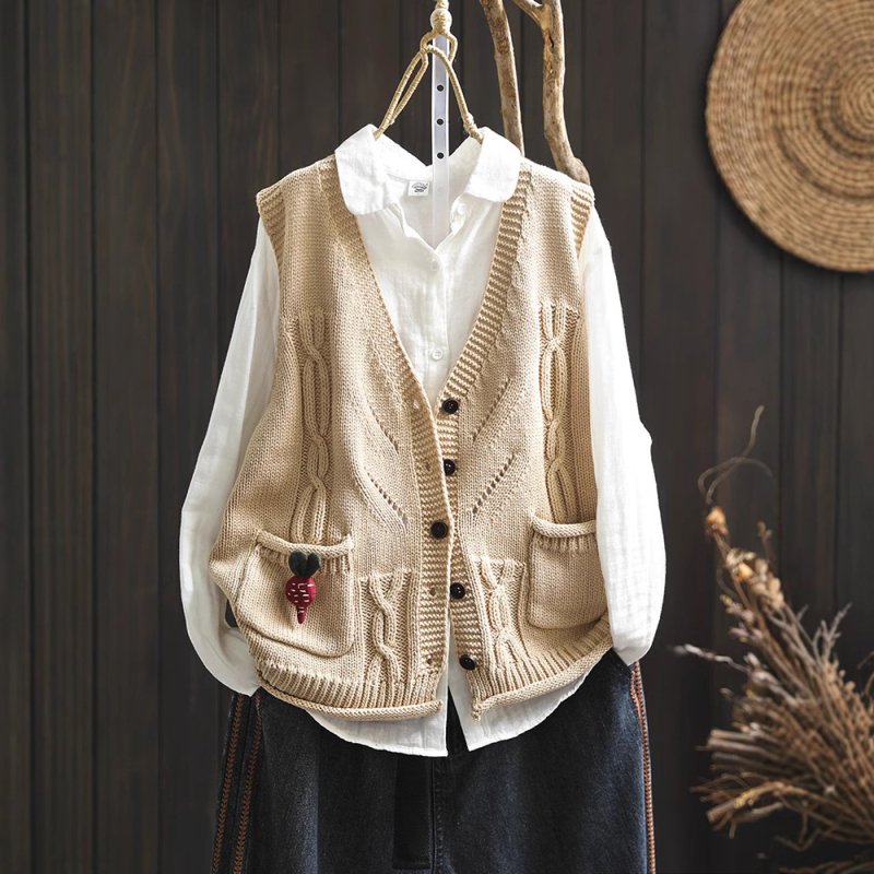 Памучна плетена жилетка-кардиган с V-образно деколте, без ръкави, с двойни джобове, свободна кройка