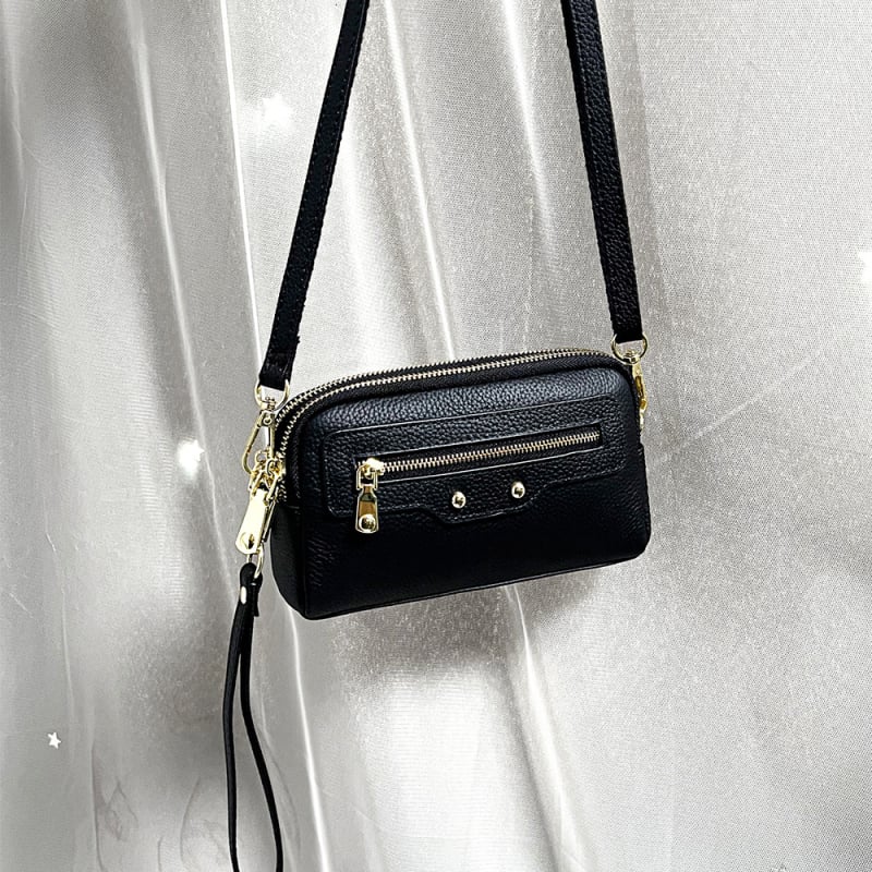 Pravá kožená dámska crossbody kabelka, prvotriedna hovädzia koža, vodorovný štvorcový tvar, zapínanie na zips, vnútorné vrecká: zipsové vrecko, vrecko na telefón, vrecko na občiansky preukaz — leto 2025