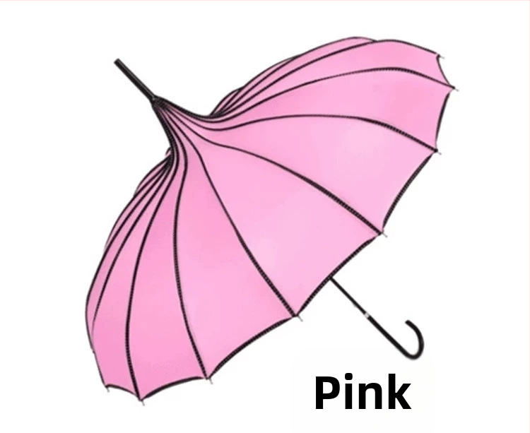 Pagodos stiliaus skėtis, plieninis rėmas su 16 šonkaulių, ilga tiesi lazda, rankinis atidarymas-uždarymas, 190T audinys