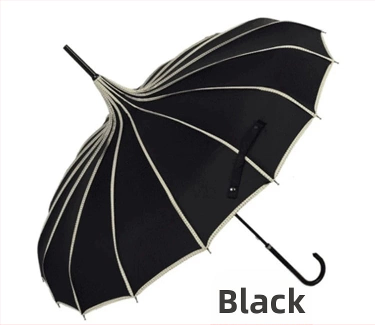 Pagodos stiliaus skėtis, plieninis rėmas su 16 šonkaulių, ilga tiesi lazda, rankinis atidarymas-uždarymas, 190T audinys