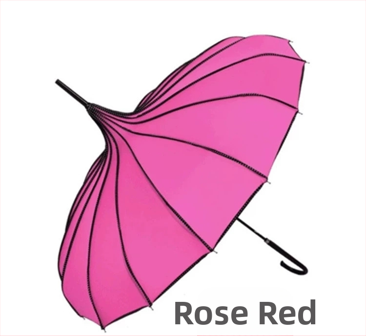 Pagodos stiliaus skėtis, plieninis rėmas su 16 šonkaulių, ilga tiesi lazda, rankinis atidarymas-uždarymas, 190T audinys