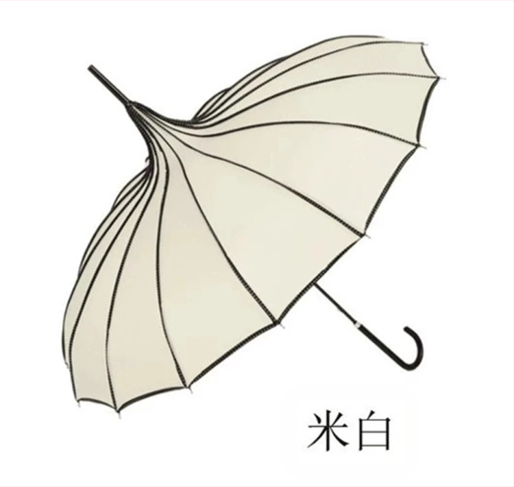 Pagodos stiliaus skėtis, plieninis rėmas su 16 šonkaulių, ilga tiesi lazda, rankinis atidarymas-uždarymas, 190T audinys