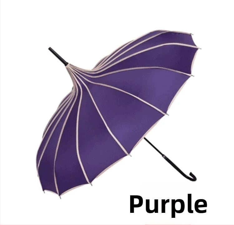 Pagodos stiliaus skėtis, plieninis rėmas su 16 šonkaulių, ilga tiesi lazda, rankinis atidarymas-uždarymas, 190T audinys