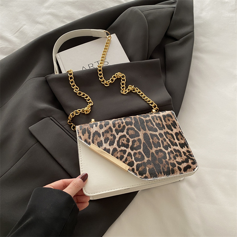 Леопардов принт PU чанта за рамо с верига, кръстосан стил, магнитно закопчаване, капак, безподкладна вътрешност, джоб за телефон
