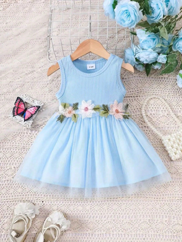 Lányoknak nyári ujjatlan ruhája virágos övvel és hálós betéttel, édes patchwork-stílus, 93% pamut