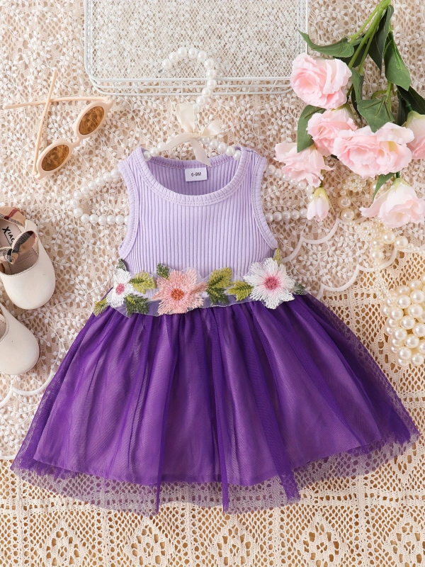 Lányoknak nyári ujjatlan ruhája virágos övvel és hálós betéttel, édes patchwork-stílus, 93% pamut