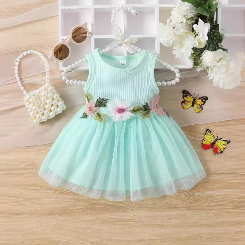 Lányoknak nyári ujjatlan ruhája virágos övvel és hálós betéttel, édes patchwork-stílus, 93% pamut