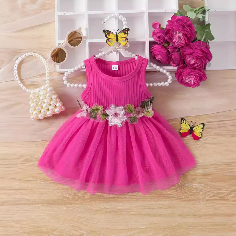 Lányoknak nyári ujjatlan ruhája virágos övvel és hálós betéttel, édes patchwork-stílus, 93% pamut