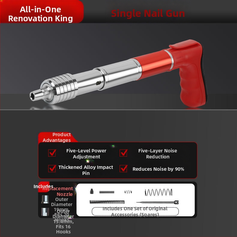 Пистолет за пирони за рамково строителство; стоманено тяло; ниско ниво на шум