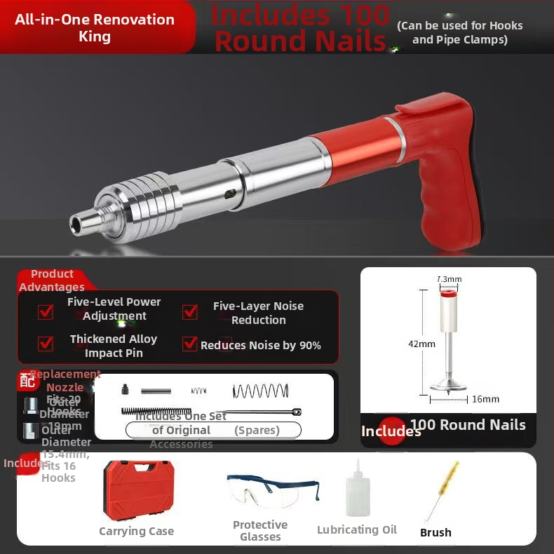 Пистолет за пирони за рамково строителство; стоманено тяло; ниско ниво на шум