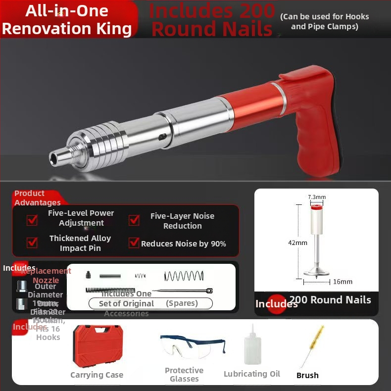 Пистолет за пирони за рамково строителство; стоманено тяло; ниско ниво на шум