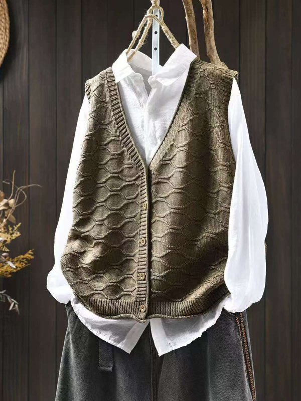 Жилет за дами с V-образно деколте, памучна плетена материя, свободен силует, кардиган стил