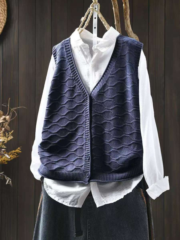 Жилет за дами с V-образно деколте, памучна плетена материя, свободен силует, кардиган стил