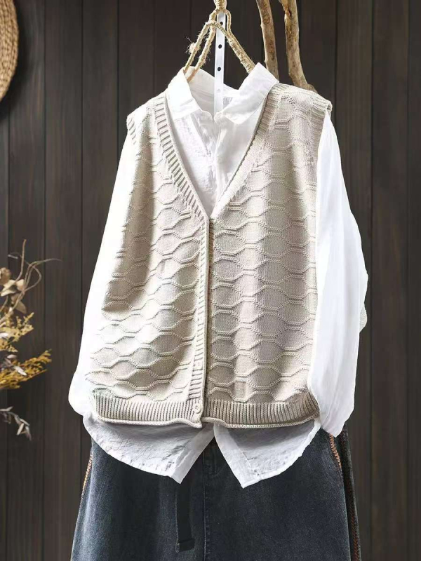 Жилет за дами с V-образно деколте, памучна плетена материя, свободен силует, кардиган стил
