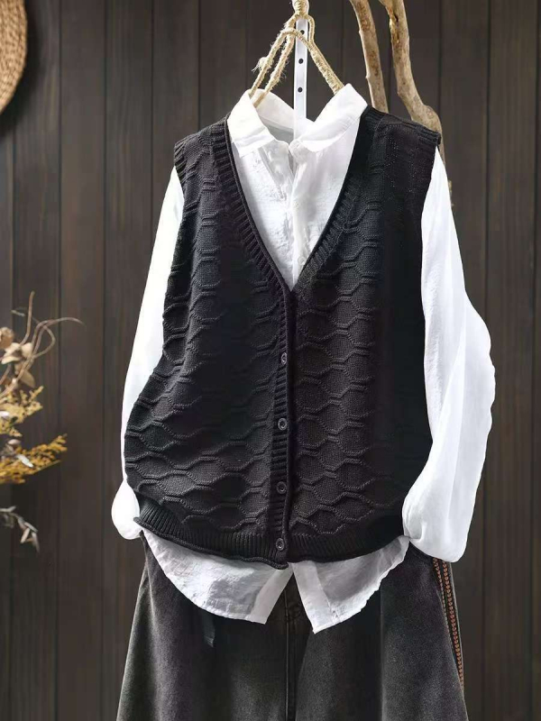 Жилет за дами с V-образно деколте, памучна плетена материя, свободен силует, кардиган стил