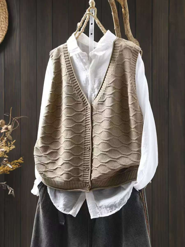 Жилет за дами с V-образно деколте, памучна плетена материя, свободен силует, кардиган стил