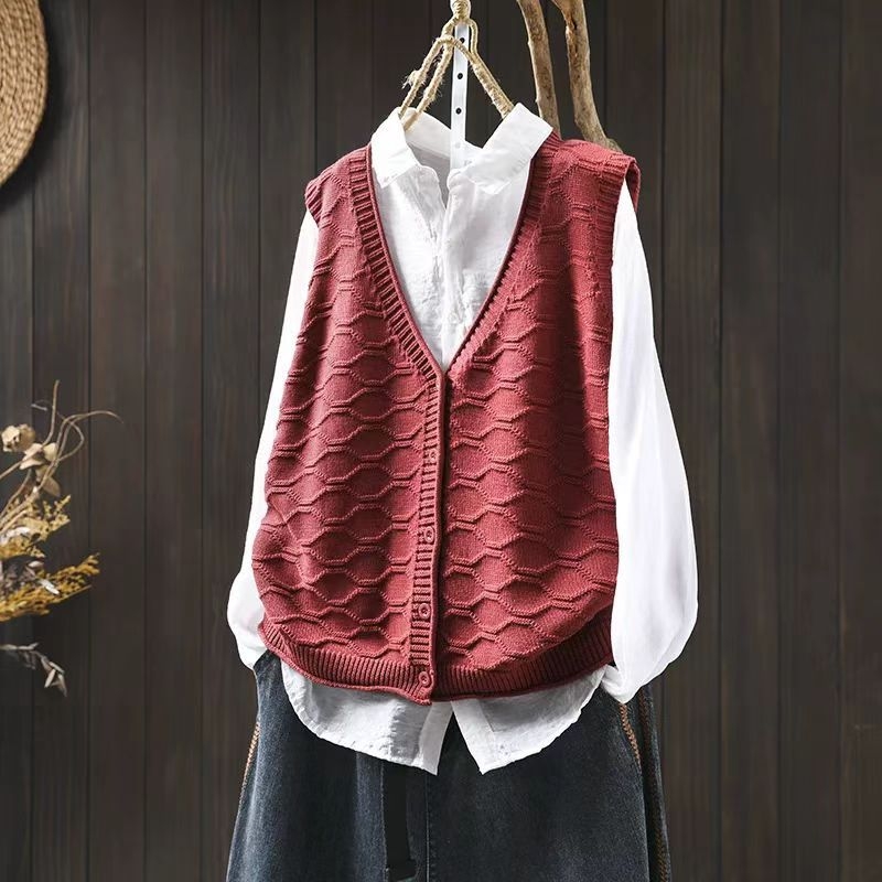 Жилет за дами с V-образно деколте, памучна плетена материя, свободен силует, кардиган стил