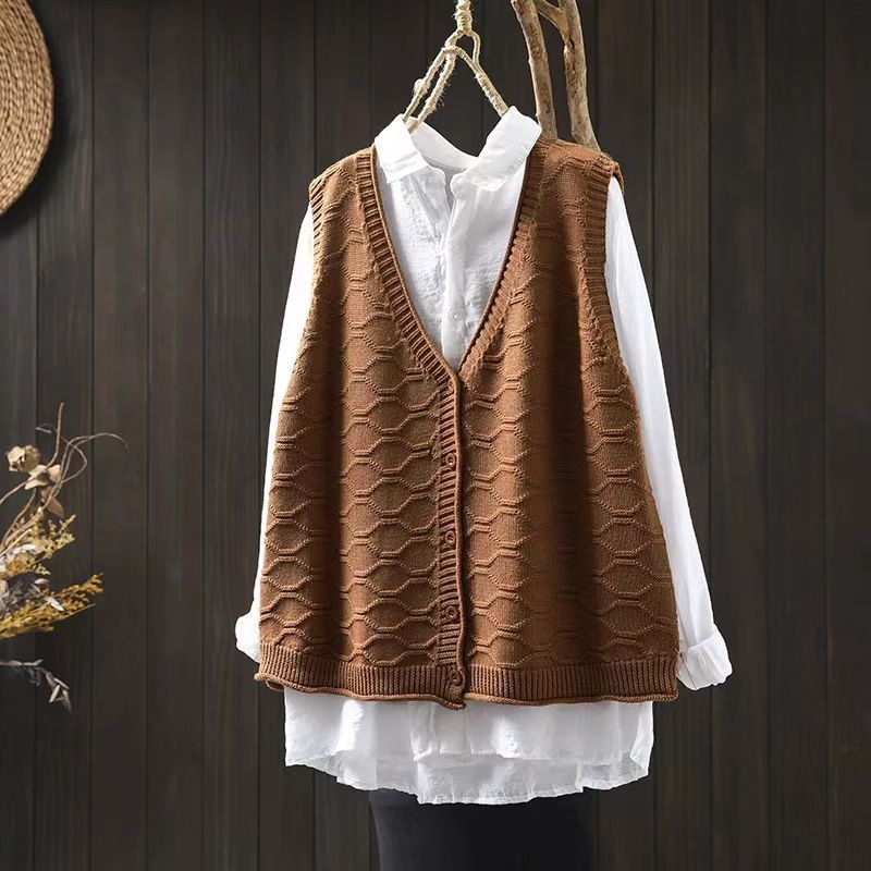 Жилет за дами с V-образно деколте, памучна плетена материя, свободен силует, кардиган стил