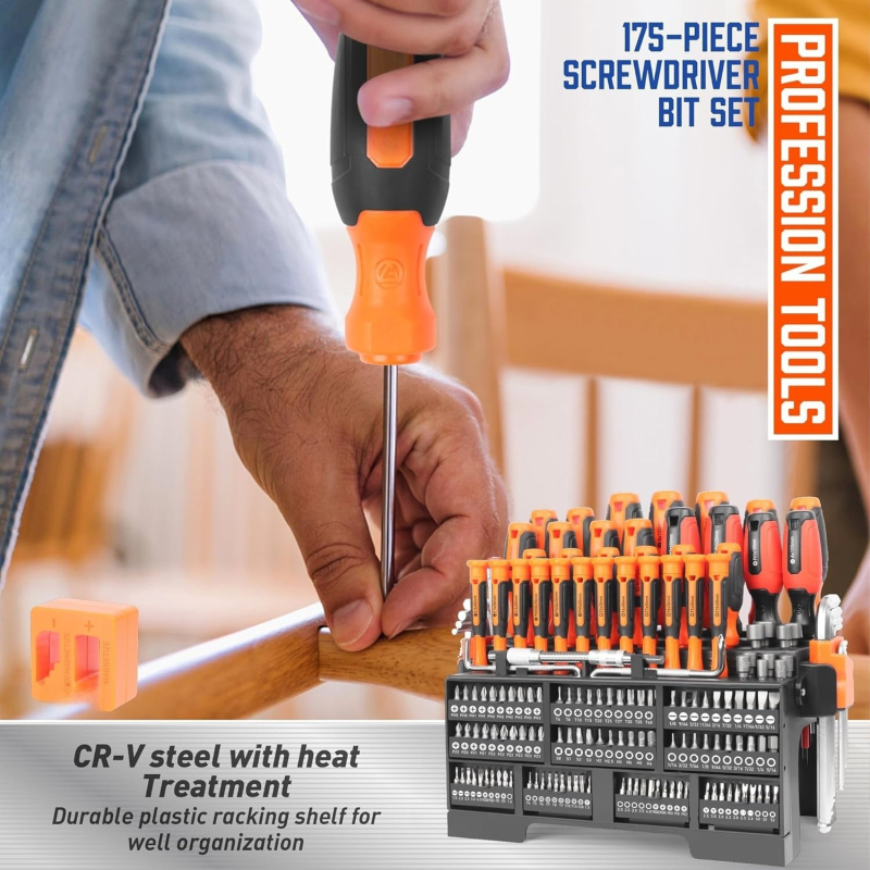 175 dalių magnetinis atsuktuvų rinkinys su plastine laikykle, Cr-V plienas, preciziniai atsuktuvai
