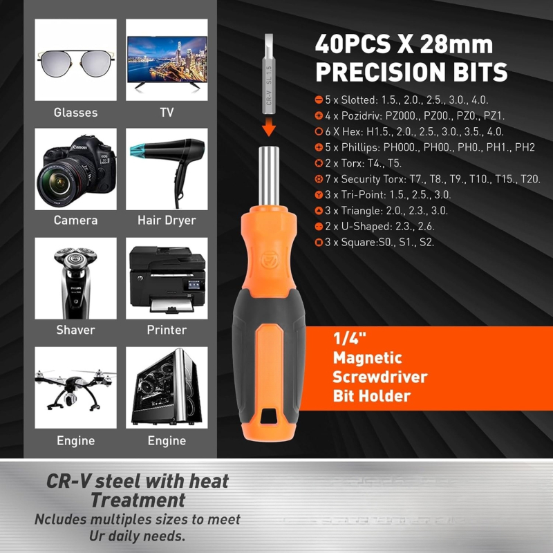 175 dalių magnetinis atsuktuvų rinkinys su plastine laikykle, Cr-V plienas, preciziniai atsuktuvai