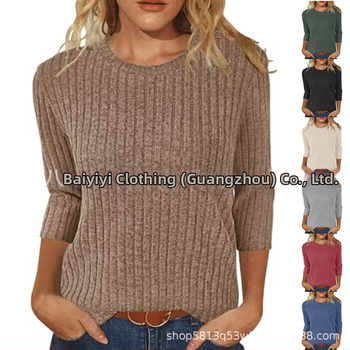 Moterų marškinėliai su apvaliu kaklu, 3/4 rankovės, vientisas, šveistas paviršius, laisvas kirpimas