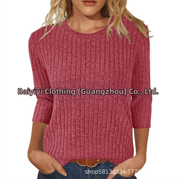 Moterų marškinėliai su apvaliu kaklu, 3/4 rankovės, vientisas, šveistas paviršius, laisvas kirpimas