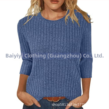 Moterų marškinėliai su apvaliu kaklu, 3/4 rankovės, vientisas, šveistas paviršius, laisvas kirpimas