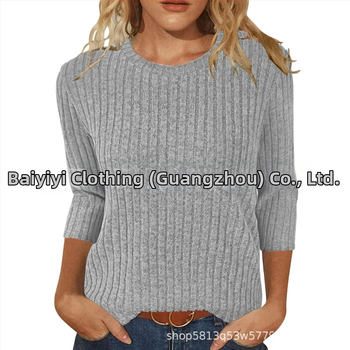 Moterų marškinėliai su apvaliu kaklu, 3/4 rankovės, vientisas, šveistas paviršius, laisvas kirpimas