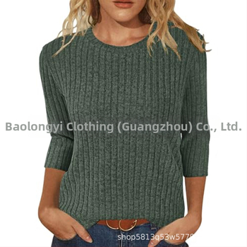 Moterų marškinėliai su apvaliu kaklu, 3/4 rankovės, vientisas, šveistas paviršius, laisvas kirpimas